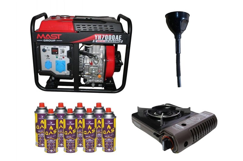 Дизельный генератор MAST GROUP YH7000AE + газовая плитка Orcamp CK-505 + картридж газовый Pegas 400 мл (8 шт.)